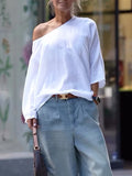 Purpdrank  Summer Spring Casual White T-shirts One-shoulder Long Sleeves Loose Simple Basic Tops Tee Shirts S-2XL