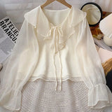 Purpdrank  Chic Chiffion Ruffles V-Neck Shirt Women All-Match Loose Bow Patchwork Blouse Ladies 2025 Spring Summer Long Sleeve Shirts Tops