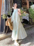Purpdrank  Summer New Vintage Sleeveless Neck Floral Long Dress Women's Elegant Ruffles Lace Dress Korean Fashion Fairy Holiday Party Dress