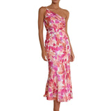 Purpdrank  Elegant Oblique Shoulder Pleated Floral Print Spaghetti Dresses For Women Sexy Backless Strape Summer Midi Dress Vestidos