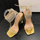 Purpdrank  Sexy Silver Crystal Ankle Cross Strap Sandals Women Elegant Wedding Banquet Shoes Fashion Square Open Toe Fretwork Heels