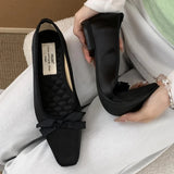 Purpdrank  Luxury Satin Bowknot Ballet Flats Women Summer Comfort Square Toe Shallow Dress Pumps Fashion Brand Designer High Heels Sandals