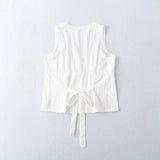 Purpdrank  Summer Plain White Spliced Lace V neck Sleeveless Tank Women Open Buttons Slim Waist Tie Bow Sashes Back Tank Top Crop Tops