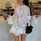 Purpdrank  Women Lace Sheer Dress Sexy See Through Mesh Long Sleeve High Neck Floral Cover Up Cocktail Party Mini Dresses