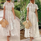 Purpdrank  Elegant Summer Women Bohemian Dress Chic New Short Sleeve Single Breasted Hollow Out Floral Lace Vacation Long Dress