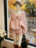 Purpdrank  Korean Sweet Pink Knit Shorts Set Women Cute Bow Design Pullovers + Fit Chic Pants New Kawaii Knitting Pure Desire Outfits