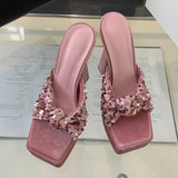 Purpdrank  Street Women Sexy Square Toe Super High Heels Modern Slippers Fish Scales Pleated Narrow Band Platform Sandal Female Shoes