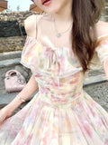Purpdrank  Elegant Seaside Vacation Floral Printed Dress Summer Off Shoulder Women Camisole Dress Slim Casual Ruffles Fairy Dress