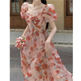 Purpdrank  Summer Floral Printed Y2K Women's Dresses 2025 New High Waist Puff Sleeve Square Collar Ruffles Long Dress for Womens