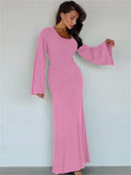Purpdrank - Scoop Neck Lace-Up Ribbed Maxi Dress Female Long Sleeve Fashion Slim Loose Bandage Dress Autumn 2023 Solid Women Dress New
