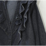 Purpdrank  Fashion Ruffled Denim Shirt Jacket For Women Y2K V-neck Long Sleeve Single Breasted Jeans Blouse Female Chic Street Outerwear