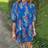 Purpdrank  Summer Short Sleeved Loose Holiday Dress Blue Floral Printed O Neck Women's Dress Elegant Button Pleated Bohemian Dress Vestidos