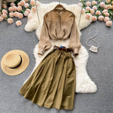 Purpdrank - Autumn Winter Women Two Piece Sets Stand Collar Puff Sleeve Ruffled Tops and Empire Slim Skirt with Belt Office Lady Suits