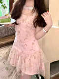 Purpdrank  Korean Sweet Spicy Girl 2 Piece Set Women Print Lace Patchwork Tops + Mini Skirt Female Retro Slim Hottie Elegant Outfits Summer