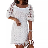 Purpdrank  Elegant Women's Lace round Neck Dress White Mid-Length Skirt Style Fashionable Casual Elegant Women's Mid-Length Skirt Dress