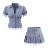 Purpdrank  Sexy Blue Plaid Lapel V neck Short Puff Sleeve Shirt Tank Top + Women Bow Zipper Waist A-line Pleated Mini Skirt 2 Pieces 1 Set