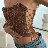 Purpdrank  Sexy Slim Sequined Cropped Tube Tops Clubwear Sparkle Glitter Slash Neck Slash Neck Sleeveless Tank Tops Women Summer Streetwear