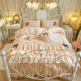 Purpdrank  100% Cotton Korean Princess Style Three-layer Ruffles Bow Bedding Set Duvet Cover Bed Skirt Bedspread Pillowcases Wedding Gifts