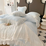 Purpdrank  Green Chiffon Lace Embroidery Bedding Set Home Textile 100%Cotton Solid Color Princess Ruffles Duvet Cover Bed Sheet Pillowcases