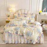 Purpdrank  100% Cotton Vintage Pastoral Style Rose Flowers Print Ruffles Bedding Set Duvet Cover Set Bow Lace Quilted Bed Skirt Pillowcases
