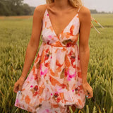 Purpdrank  Casual Loose Beach Vacation Dress Summer Sexy V-neck Floral Printed Halter Dress Elegant Backless Pleated Sleeveless Mini Dress