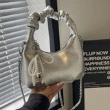 Purpdrank  Y2K Style Underarm Bags for Women Pleated Handle Design Ladies Pearl Bow Handbag Adjustable Strap Shoulder Crossbody Bag