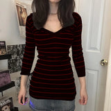 Purpdrank  Vintage T-shirt Women Autumn Rib Knitted V Neck Crop Tops Cottage Cyber Grunge Striped Long Sleeve Pullovers Tees Y2k Streetwear