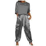 Purpdrank  Women Satin Two Piece Set Half Sleeve Top And Drawstring Waist Jogger Pants With Pockets Casual Office Lady Summer Outfit