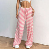 Purpdrank  Women's Fashion Casual Striped Elastic Waistband Drawstring Straight Leg Pants Classic Soft Daily Versatile Comfy Trousers