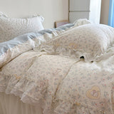 Purpdrank  Korean Princess Style Lace Ruffles Floral Bedding Set 100% Cotton Duvet Cover Bed Sheet/Fitted Sheet/Bed Skirt Pillowcases 3/4Pc