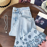 Purpdrank  Fashion Diamonds Rivet Jeans for Women Trendy Hollow Out Embroidery Flared Denim Pants Ankle-length Blue Jeans Slim Trousers