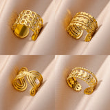 Purpdrank - Stainless Steel Rings for Women Jewelry Accessories Simple Vintage Gold Color Electroplated Adjustable Double Layer Wide Ring
