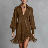 Purpdrank  Spring Retro Solid Imitation Suede Tassel Dress Woman Sexy Lapel Hollow A-Line Mini Dress Autumn Long Sleeve Elegant Party Dress