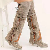 Purpdrank - Mujer Fashion Bohemia Knee-length Women Boots Ethnic Personality High Boots Tassels Faux Suede Boots Girl Flat Bottom Long Botas