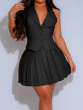 Purpdrank  Y2K Two Piece Women Office Dress Sets 2025 Summer Fashion Notched Sexy Backless Sleevelss Vests and Mini Pleated Skirts Outfits