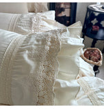 Purpdrank  Pink Luxury Princess Wedding Lace Ruffles 100% Cotton Bedding Set Duvet Cover Bed Sheet/Bed Skirt/Fitted Sheet Pillowcases 4Pcs