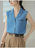 Purpdrank  Blue Denim Suit Collar Vest For Women'S Summer Lightweight Cotton Retro Versatile Commuting Sleeveless Shirt