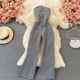 Purpdrank  Summer Fashion Casual Women's Black White Plaid Backless Slim Holiday High Waist Slip Wide Leg Pant Jumpsuit Versatile