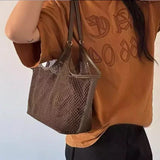 Purpdrank  New Mesh PU Leather Tote Bag Cluth Bag Large Capacity Buckle Woman Luxury Designer Travel Luggage Bag Shopper Handbag