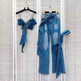 Purpdrank  Sexy Bowknot Vintage Denim Two Piece Women Pants Outfit 2025 Fashion Strapless Cropped Top and Wige Leg Straight Jeans Pant Sets