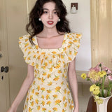 Purpdrank  French Floral Dress Female Summer Slim Square Collar Temperament Ruffled Long Skirt