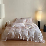 Purpdrank  4Pcs Lyocell Soft Silky Cooling Summer Bedding Set Rose Floral Prints Ruffles Duvet Cover Set Bed Sheet/Fitted Sheet Pillowcases