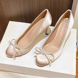 Purpdrank  Luxury Brand High Heels Women Satin Bow Round Toe Mary Jane Shoe Fashion Shallow Designer Pumps Elegant Dress Shoe Zapatos Mujer