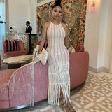 Purpdrank  Sexy Crochet Hollow Out Summer Beach Dress Women Sleeveless See Through High Waist Tassel Hem Vacation Maxi Long Dress Sundress