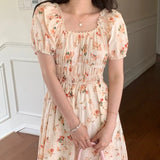 Purpdrank  Summer Cute Floral Printed Puff Sleeve Women's Dress 2025 New Square Collar Casual Loose Umbrella Long Dress Female