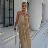 Braided Rope Panel Dress Elegant Off Shoulder Maxi Dress with Braided Straps for Women Solid Color Vacation Beach Sundress