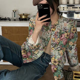 Purpdrank - Vintage jacquard coat autumn and winter new gold button small stand collar long sleeve cardigan temperament short top