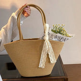 Purpdrank  Portable Straw Woven Tote Bag Handmade Large Capacity Shoulder Bags Hollow Out Button Braided Underarm Bag Women