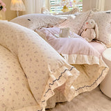 Purpdrank  Korean Princess Style Floral Prints Ruffles Bedding Set Double Layer Yarn 100% Cotton Duvet Cover Pillowcases Bed Sheet 4Pcs