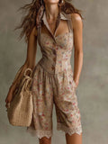 Purpdrank  Spring Summer New Romantic Small Floral Print Shirt Collar Sleeveless Slim Fit Sexy Lace Trim Romper Shorts